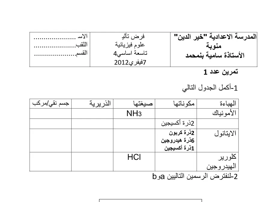 فرض مراقبة الثلاثي الثاني العلوم الفيزيائية السنة التاسعة أساسي – النموذج 27