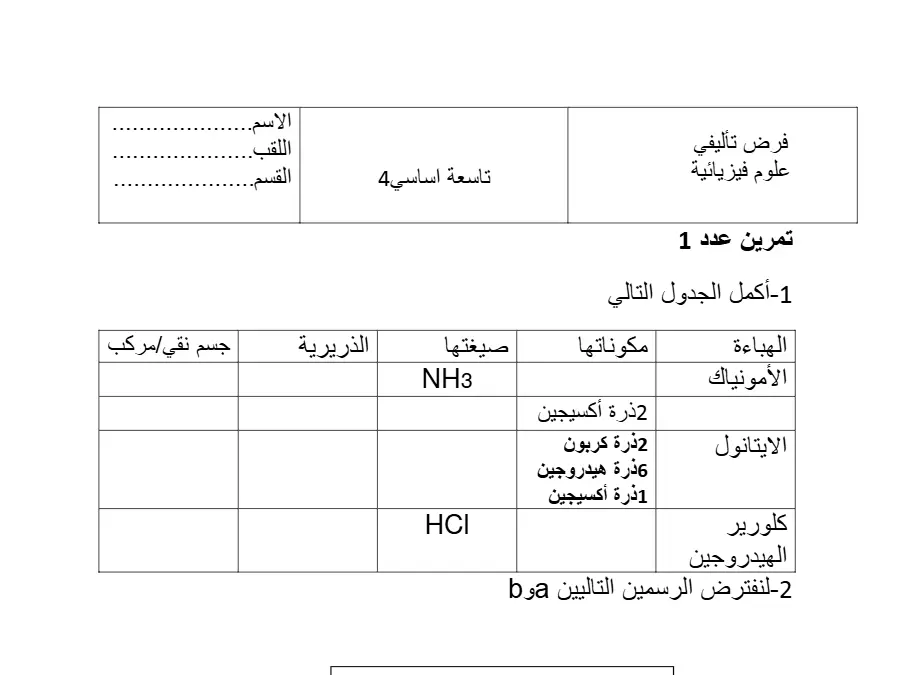 العلوم الفيزيائية – فرض المراقبة الثلاثي الثاني لتلاميذ السنة التاسعة أساسي رقم 7