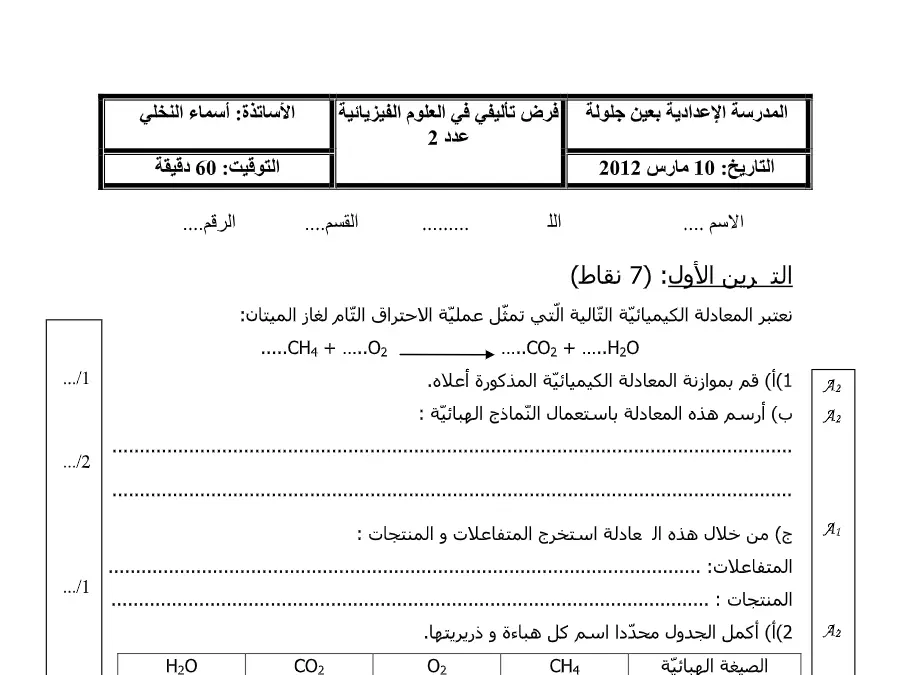 نموذج فرض تأليفي الثلاثي الثاني العلوم الفيزيائية الخاص بالسنة التاسعة أساسي – التاسع