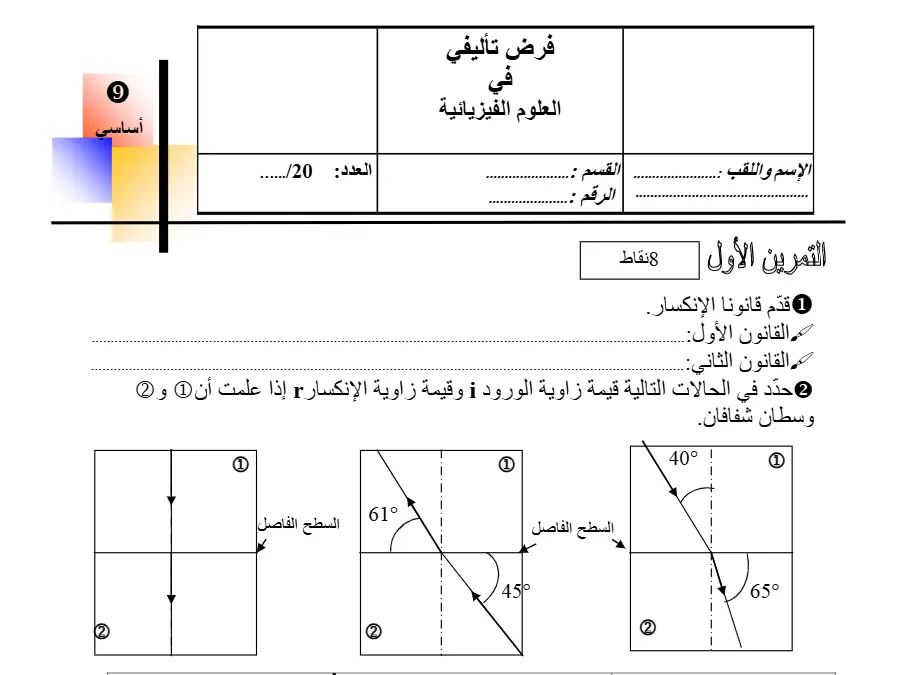 نموذج فرض تأليفي الثلاثي الثالث في مادة العلوم الفيزيائية السنة التاسعة أساسي عدد 12