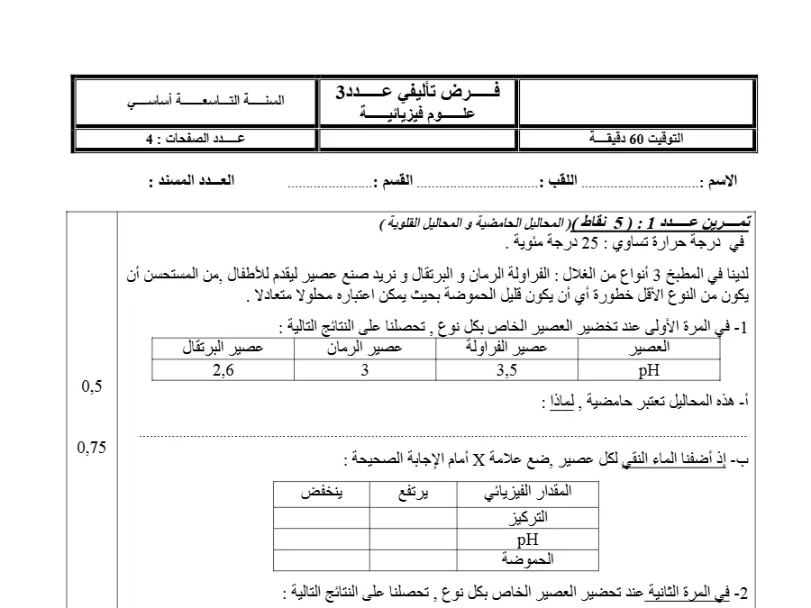 نموذج فرض تأليفي الثلاثي الثالث العلوم الفيزيائية الخاص بالسنة التاسعة أساسي – السابع