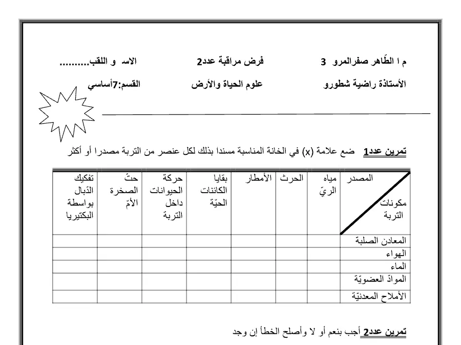 نموذج 11: اختبار الثلاثي الثاني العلوم Sciences SVT السنة السابعة أساسي