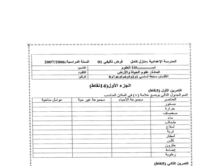 فرض تأليفي الثلاثي الأول علوم الحياة والأرض السنة السابعة أساسي – النموذج الثالث