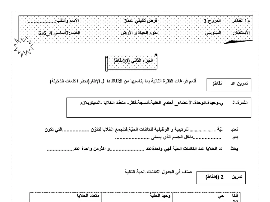 نموذج فرض تأليفي الثلاثي الثالث في مادة علوم الحياة والأرض السنة السابعة أساسي عدد 1