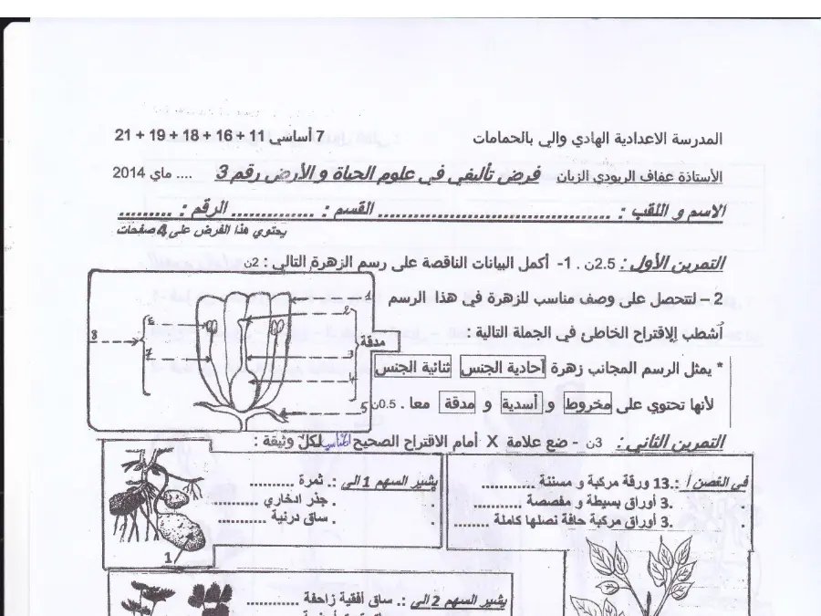 الفرض التأليفي الثلاثي الثالث علوم الحياة والأرض السنة السابعة أساسي – النموذج 14