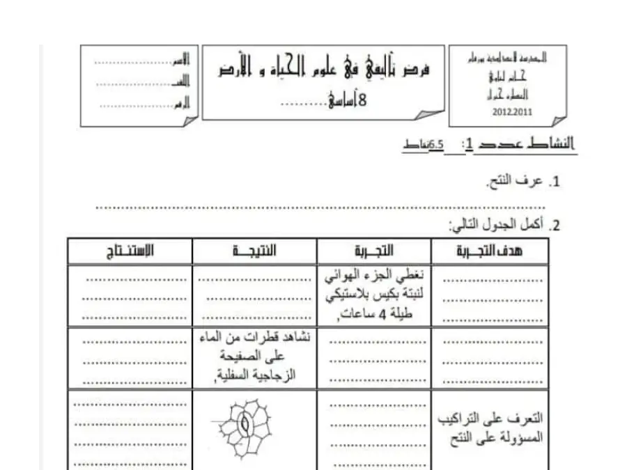 نموذج فرض الثلاثي الأول علوم الحياة والأرض الخاص بالسنة الثامنة أساسي – الأول