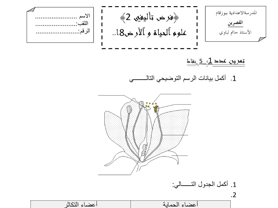 اختبار الثلاثي الثاني علوم الحياة والأرض السنة الثامنة أساسي – النموذج 13