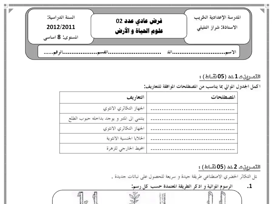 نموذج فرض مراقبة الثلاثي الثاني في مادة علوم الحياة والأرض السنة الثامنة أساسي عدد 14