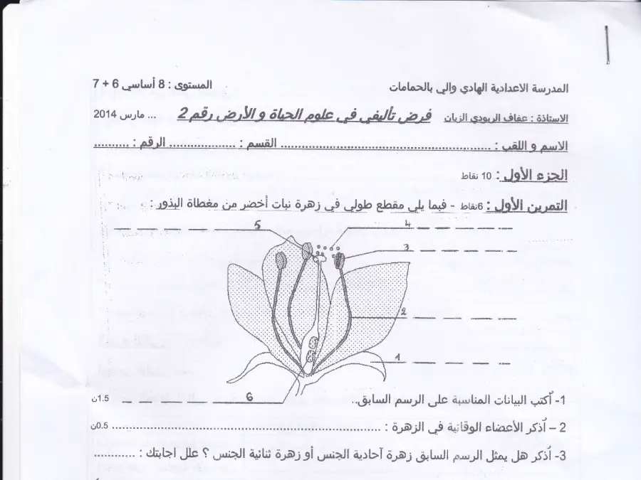 علوم الحياة والأرض – فرض الثلاثي الثاني لتلاميذ السنة الثامنة أساسي رقم 8