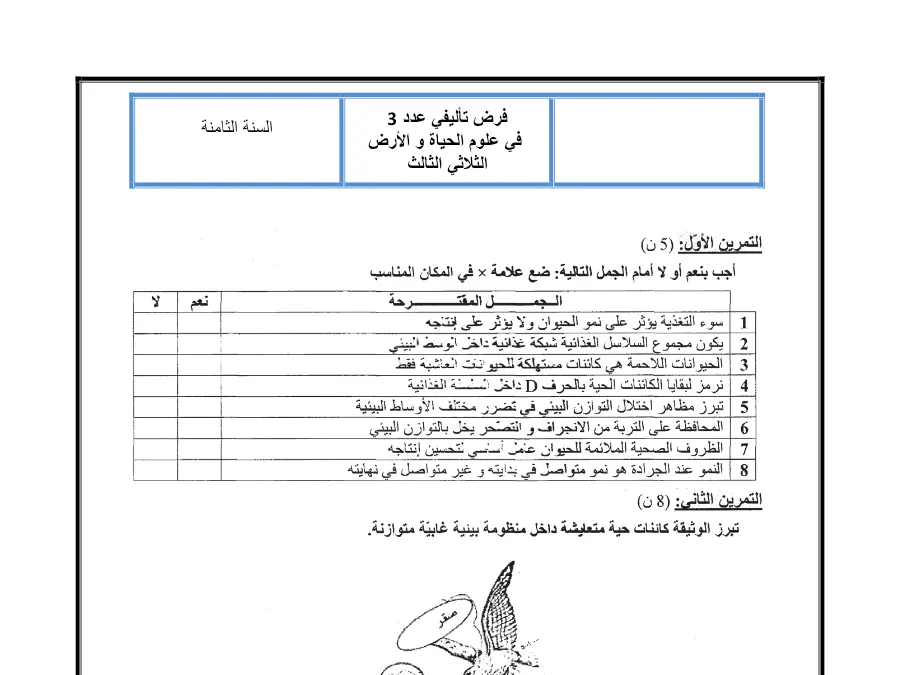 علوم الحياة والأرض – اختبار الثلاثي الثالث لتلاميذ السنة الثامنة أساسي رقم 4