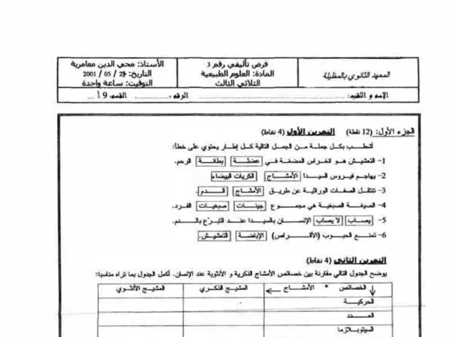 فرض تأليفي الثلاثي الثالث علوم الحياة والأرض الخاص بالسنة التاسعة أساسي – الأول