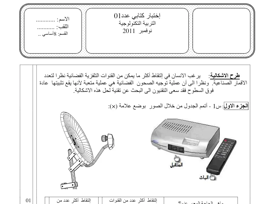 نموذج 10: فرض مراقبة الثلاثي الأول التربية التكنولوجية السنة الثامنة أساسي
