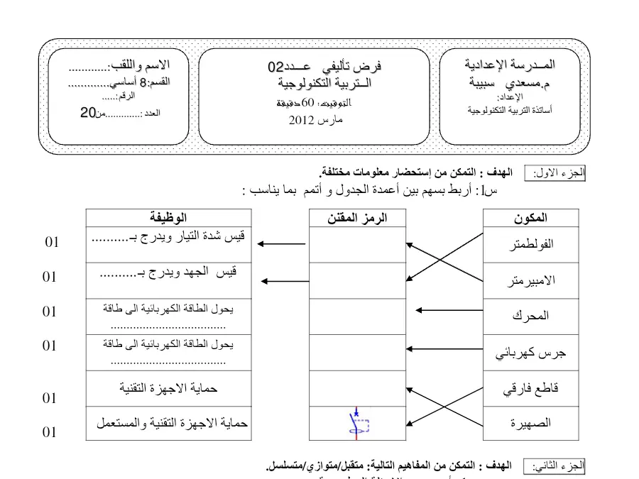 موضوع امتحان الثلاثي الثاني التربية التكنولوجية الخاص بالسنة الثامنة أساسي – 17