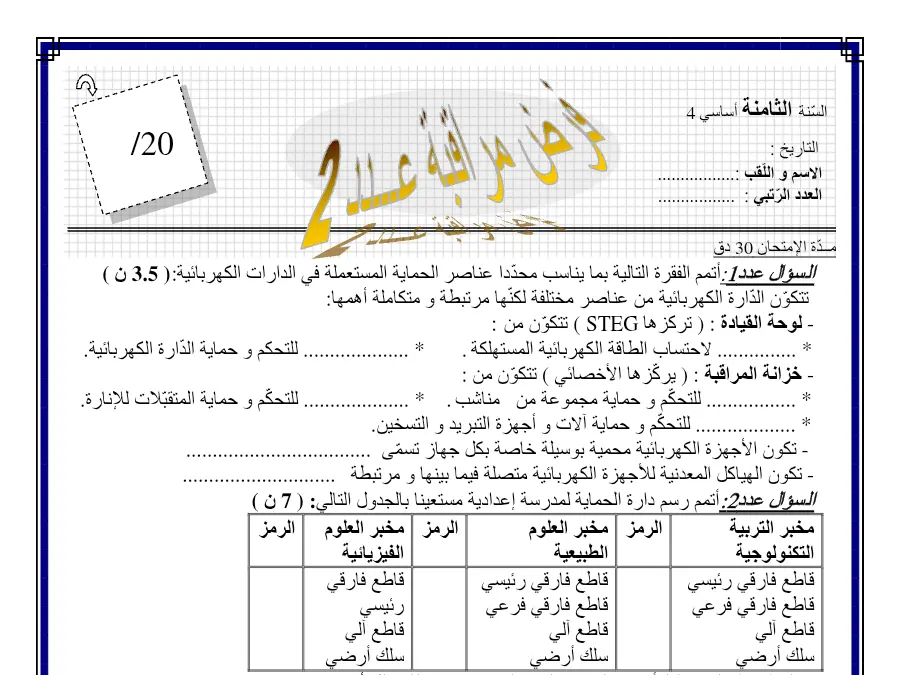 التربية التكنولوجية – فرض مراقبة الثلاثي الثاني لتلاميذ السنة الثامنة أساسي رقم 42
