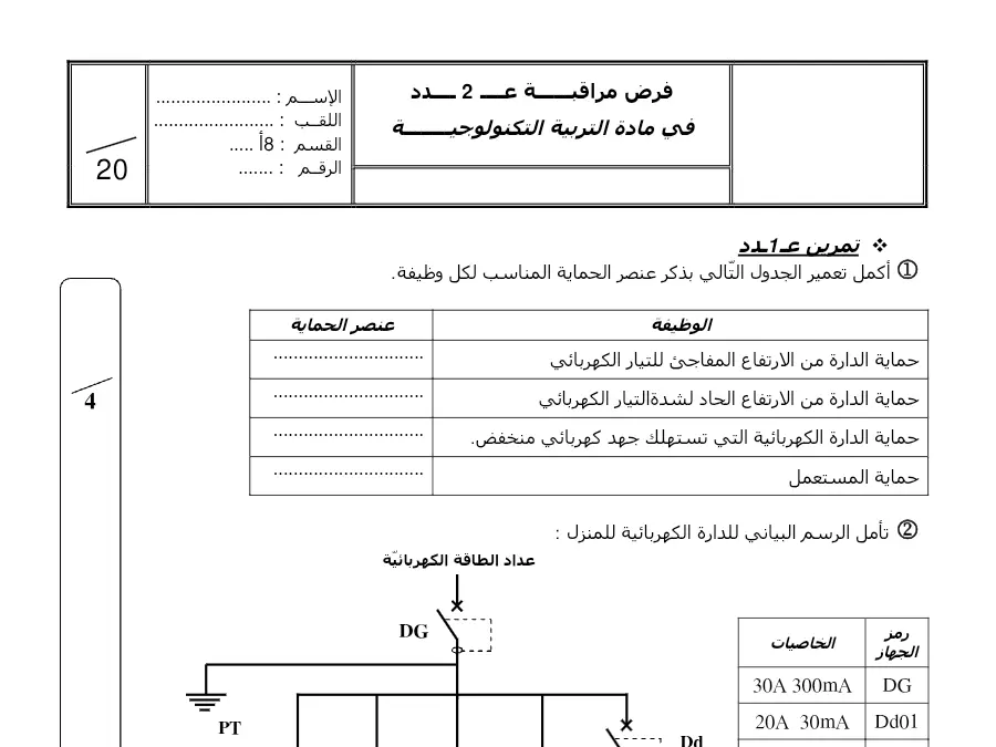 نموذج فرض مراقبة الثلاثي الثاني في مادة التربية التكنولوجية السنة الثامنة أساسي عدد 8