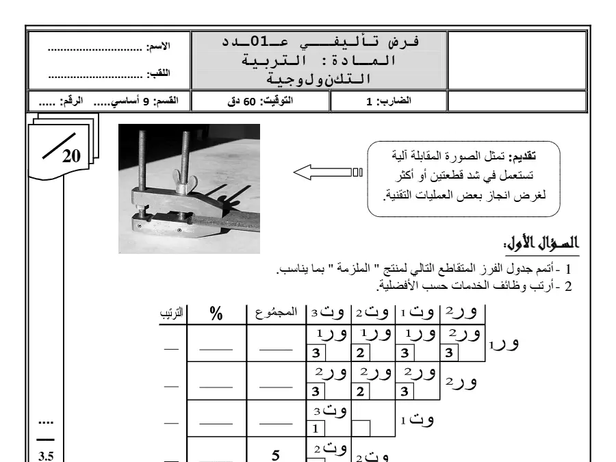 فرض تأليفي الثلاثي الأول التربية التكنولوجية السنة التاسعة أساسي – نموذج 15