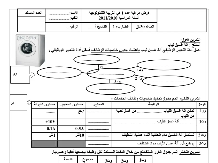 فرض المراقبة الثلاثي الأول التربية التكنولوجية الخاص بالسنة التاسعة أساسي – 30