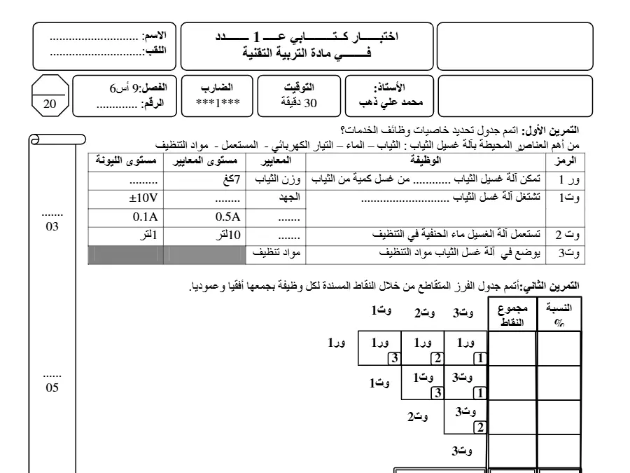 السنة التاسعة أساسي: فرض مراقبة الثلاثي الأول التربية التكنولوجية (الموضوع 33)
